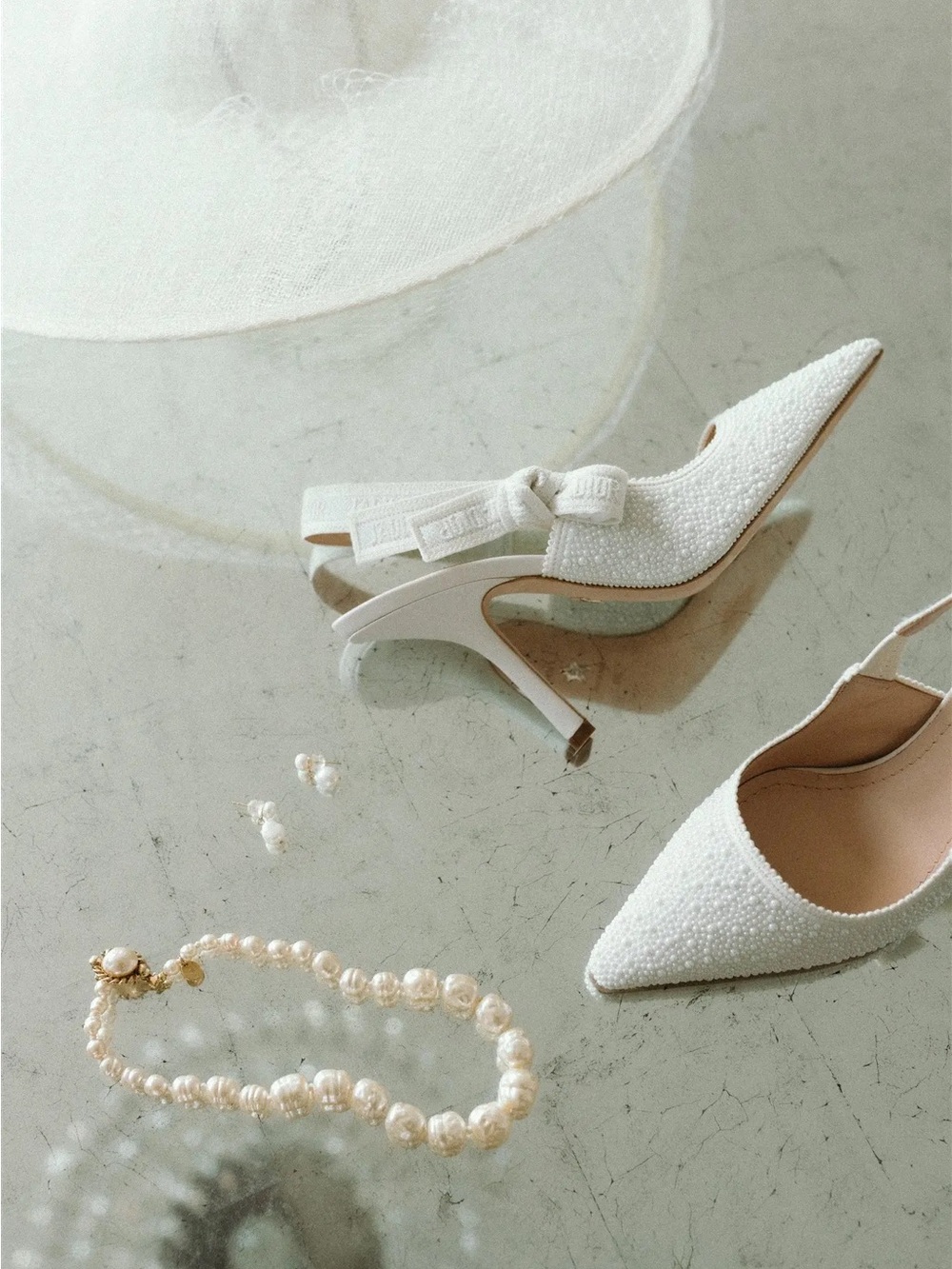 Dior J'Adior Slingback Pump Embroidered Cotton and White Resin Pearls EU 38